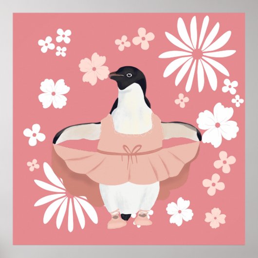 Whimsical Ballerina Penguin met roze bloemen Poster (Voorkant)