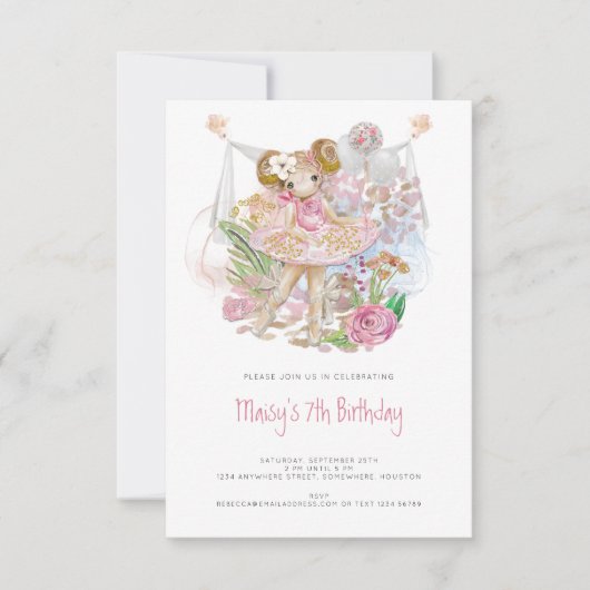 Whimsical Ballerina Roze Meisje 7e Verjaardagsfees Kaart (Voorkant)