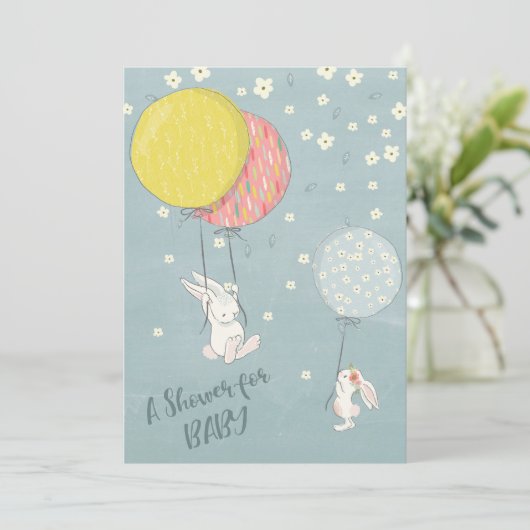 Whimsical Balloon Bunny Rabbits Baby shower Kaart (Staand voorkant)
