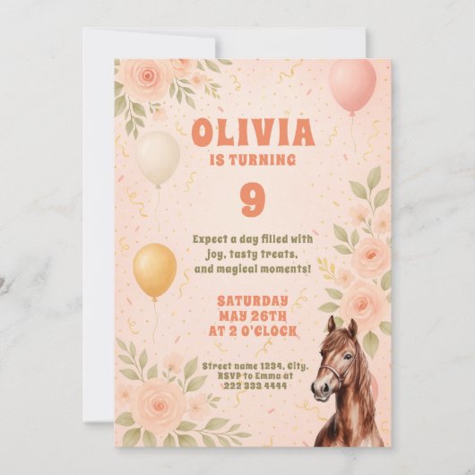 Whimsical Balloon Roos Tuin Verjaardag met Paard Kaart (Voorkant)