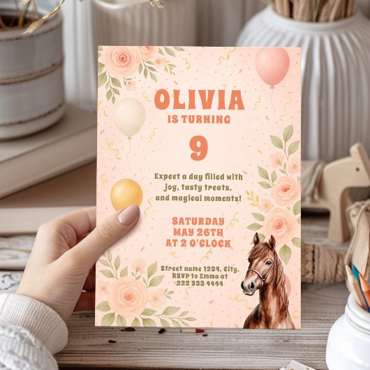 Whimsical Balloon Roos Tuin Verjaardag met Paard Kaart