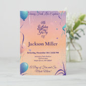 Whimsical Balloon Verjaardag Uitnodigen met Rode P Kaart (Staand voorkant)