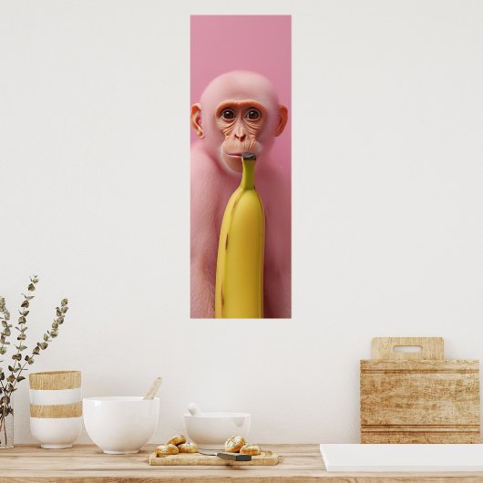 Whimsical Banaan en Pink Monkey Poster (Keuken)