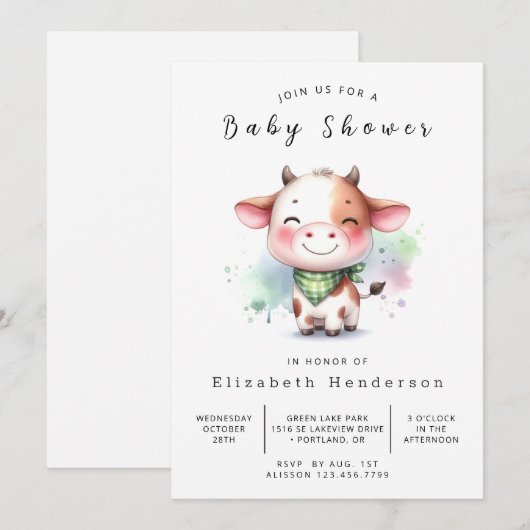 Whimsical Barn Koe Baby shower Kaart (Voorkant / Achterkant)