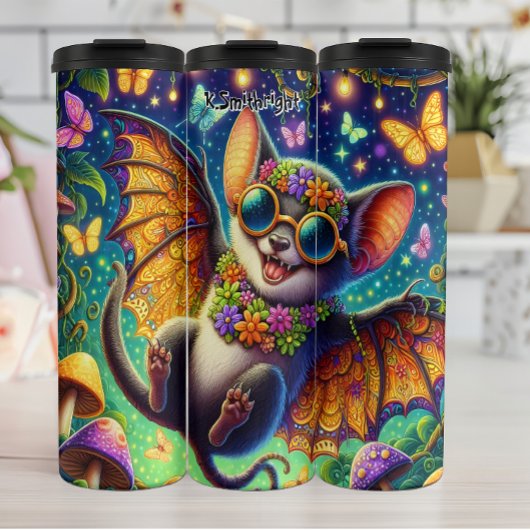 Whimsical Bat met Bloem Kroon Thermosbeker