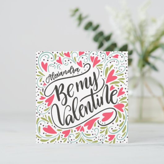 Whimsical Be My Valentine Custom Name Flat  Kaart (Staand voorkant)