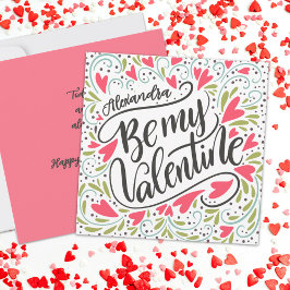 Whimsical Be My Valentine Custom Name Flat Kaart