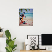 Whimsical Beach Babe Flamingo 1 Waterverf 16x20 Poster (Thuiskantoor)