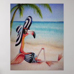 Whimsical Beach Babe Flamingo 1 Waterverf 16x20 Poster