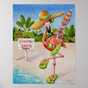 Whimsical Beach Babe Flamingo 2 Waterverf 11x14 Poster