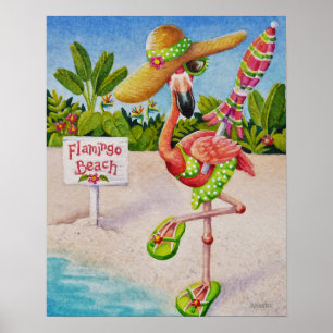 Whimsical Beach Babe Flamingo 2 Waterverf 16x20 Poster