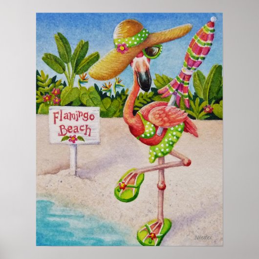 Whimsical Beach Babe Flamingo 2 Waterverf 16x20 Poster (Voorkant)