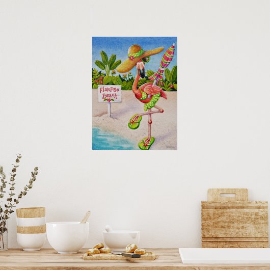 Whimsical Beach Babe Flamingo 2 Waterverf 18x24 Poster (Keuken)