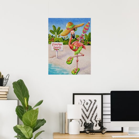 Whimsical Beach Babe Flamingo 2 Waterverf 18x24 Poster (Thuiskantoor)