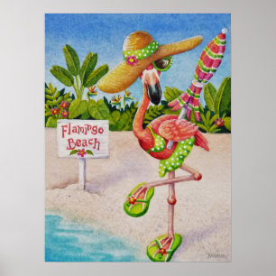 Whimsical Beach Babe Flamingo 2 Waterverf 18x24 Poster