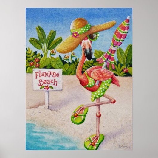 Whimsical Beach Babe Flamingo 2 Waterverf 18x24 Poster (Voorkant)