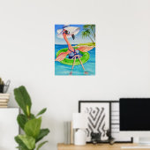Whimsical Beach Babe Flamingo 3 Waterverf 16x20 Poster (Thuiskantoor)