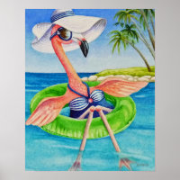 Whimsical Beach Babe Flamingo 3 Waterverf 16x20