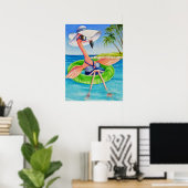 Whimsical Beach Babe Flamingo 3 Waterverf 18x24 Poster (Thuiskantoor)