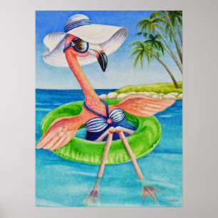 Whimsical Beach Babe Flamingo 3 Waterverf 18x24 Poster