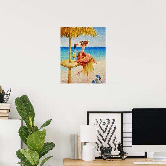 Whimsical Beach Babe Flamingo 4 Waterverf 16x20 Poster (Thuiskantoor)