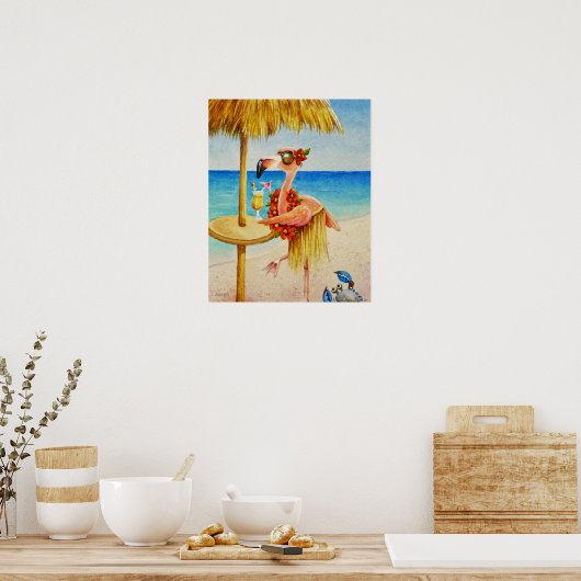 Whimsical Beach Babe Flamingo 4 Waterverf 16x20 Poster (Keuken)