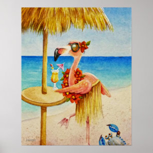 Whimsical Beach Babe Flamingo 4 Waterverf 16x20 Poster