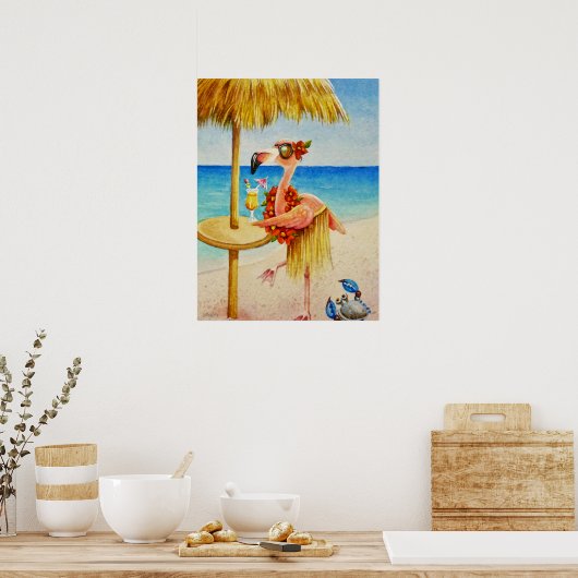 Whimsical Beach Babe Flamingo 4 Waterverf 18x24 Poster (Keuken)