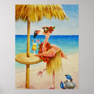 Whimsical Beach Babe Flamingo 4 Waterverf 18x24 Poster