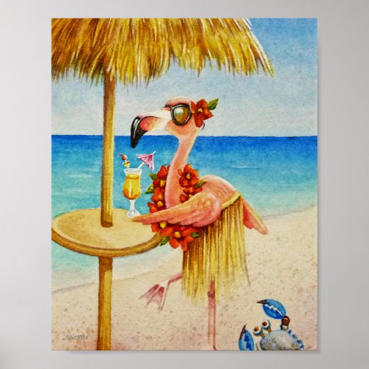 Whimsical Beach Babe Flamingo 4 Waterverf 8x10 Poster (Voorkant)