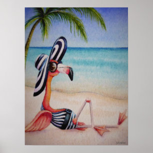 Whimsical Beach Babe Flamingo No. 1 Art 18x24 Poster