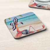 Whimsical Beach Babe Flamingo No. 1 Waterverf Art Bier Onderzetter (Linkerzijde)
