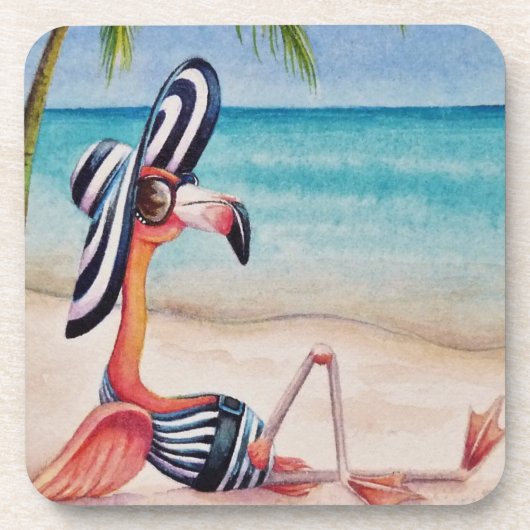 Whimsical Beach Babe Flamingo No. 1 Waterverf Art Bier Onderzetter (Voorkant)