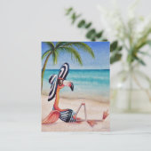 Whimsical Beach Babe Flamingo No. 1 Waterverf Art Briefkaart (Staand voorkant)