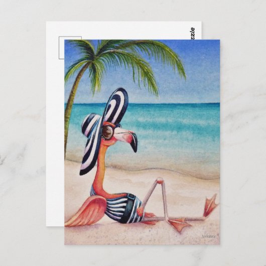 Whimsical Beach Babe Flamingo No. 1 Waterverf Art Briefkaart (Voorkant / Achterkant)