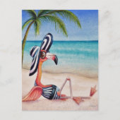 Whimsical Beach Babe Flamingo No. 1 Waterverf Art Briefkaart (Voorkant)