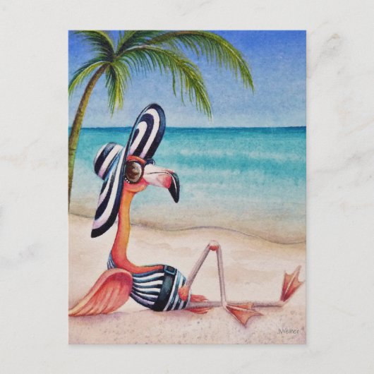 Whimsical Beach Babe Flamingo No. 1 Waterverf Art Briefkaart (Voorkant)