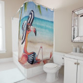 Whimsical Beach Babe Flamingo No. 1 Waterverf Art Douchegordijn (In situ)