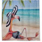 Whimsical Beach Babe Flamingo No. 1 Waterverf Art Douchegordijn (Voorkant)