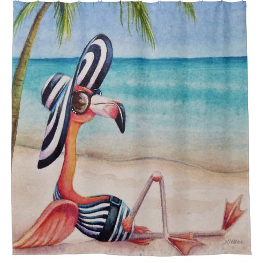 Whimsical Beach Babe Flamingo No. 1 Waterverf Art Douchegordijn (Voorkant)