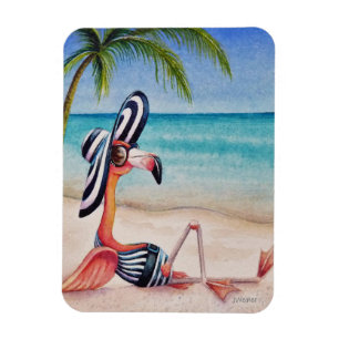 Whimsical Beach Babe Flamingo No. 1 Waterverf Art Magneet