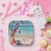 Whimsical Beach Babe Flamingo No. 1 Waterverf Art Papieren Bordje (Feest)