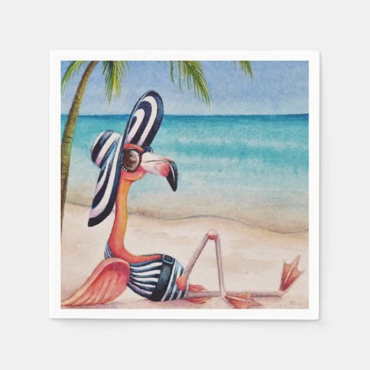 Whimsical Beach Babe Flamingo No. 1 Waterverf Art Servet (Voorkant)
