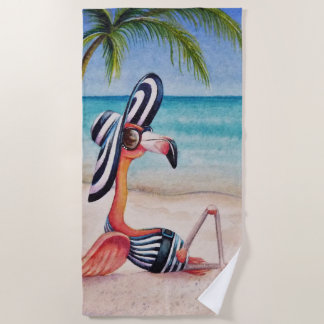 Whimsical Beach Babe Flamingo No. 1 Waterverf Art Strandlaken
