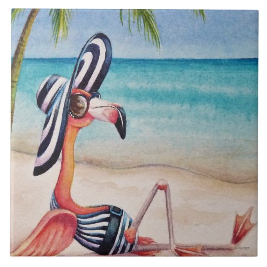 Whimsical Beach Babe Flamingo No. 1 Waterverf Art Tegeltje (Voorkant)