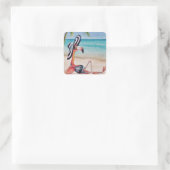 Whimsical Beach Babe Flamingo No. 1 Waterverf Art Vierkante Sticker (Tas)