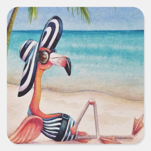 Whimsical Beach Babe Flamingo No. 1 Waterverf Art Vierkante Sticker (Voorkant)