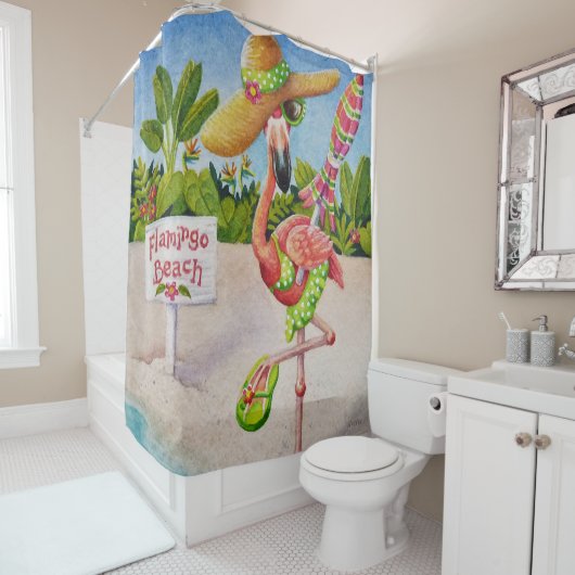 Whimsical Beach Babe Flamingo No. 2 Waterverf Art Douchegordijn (In situ)