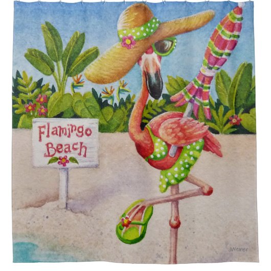 Whimsical Beach Babe Flamingo No. 2 Waterverf Art Douchegordijn (Voorkant)
