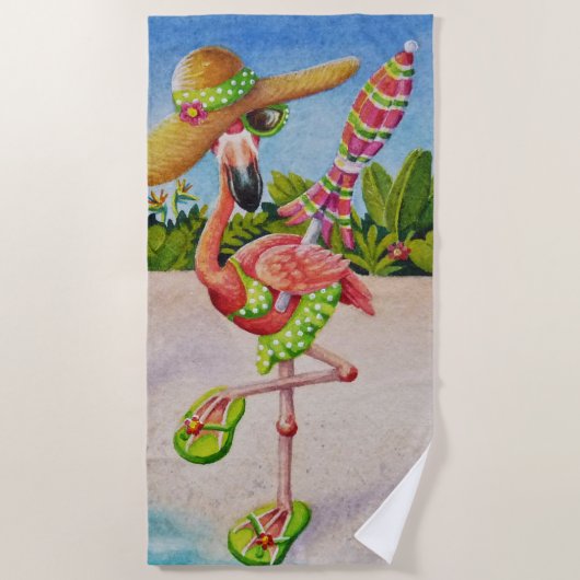 Whimsical Beach Babe Flamingo No. 2 Waterverf Art Strandlaken (Voorkant)